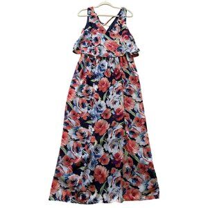 Lily Rose Womens Floral Maxi Dress Sleeveless Ruffle V-Neck Navy Back Slit Large